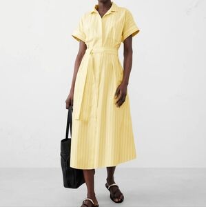 Banana Republic Tie-Waist Midi Shirtdress Yellow Stripe